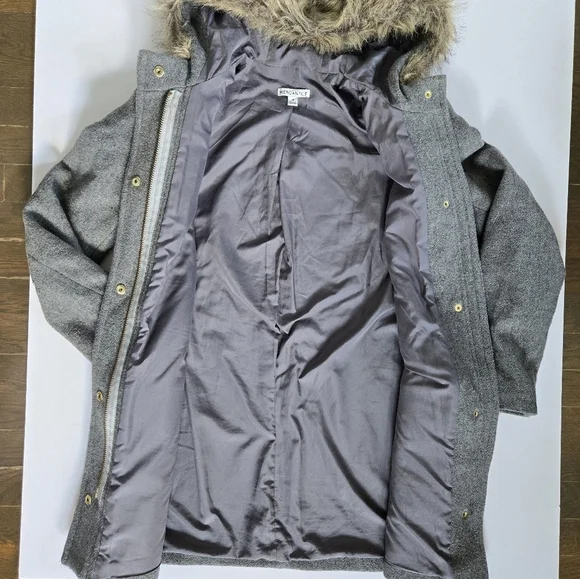 J.Crew Parka Jacket Women's Gray Wool Blend Faux Fur Trim Hooded Full Zip sz 4